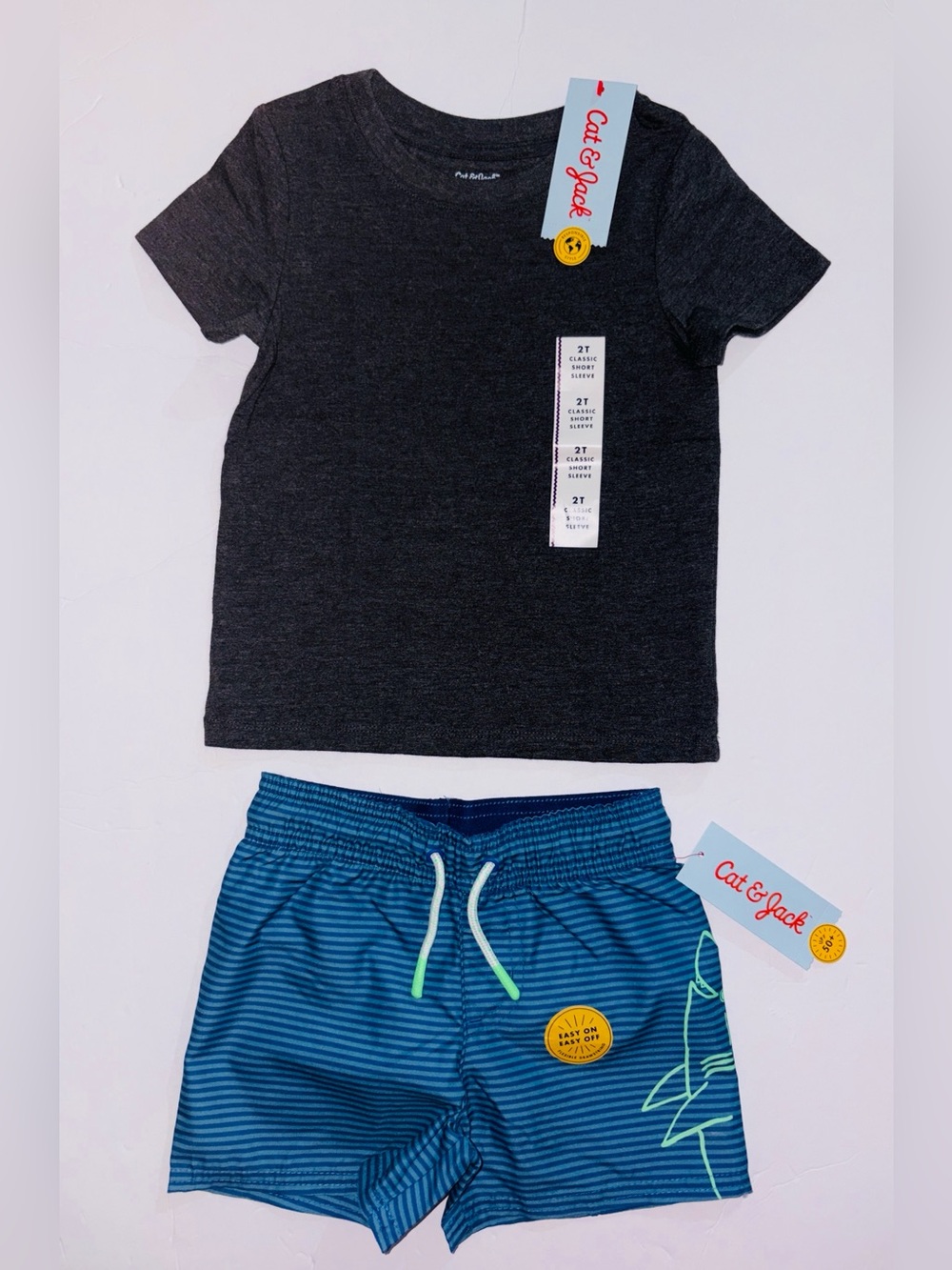 Cat & Jack Gray Tee with Blue Stripe Swim Shorts